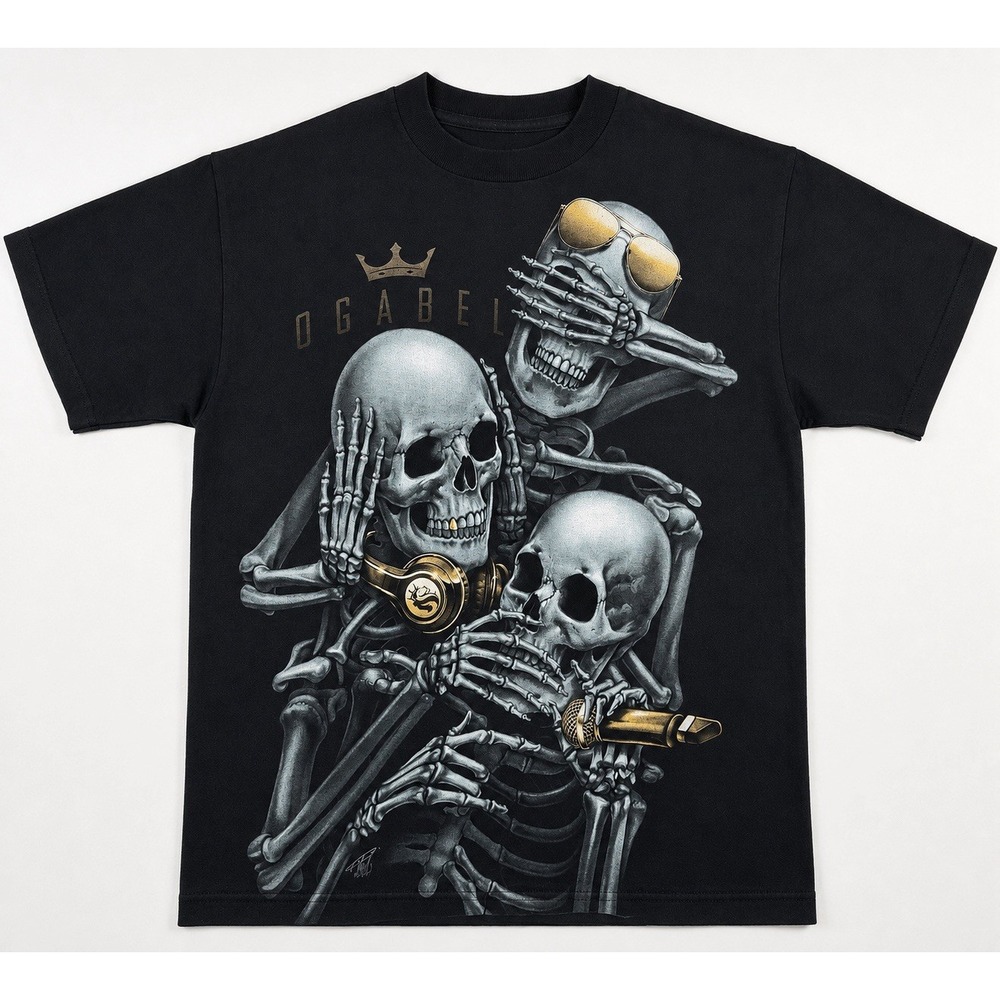 OGABEL Double Sided Skeleton Graphic T Shirt Mens M Black Skull DJ Music Tee